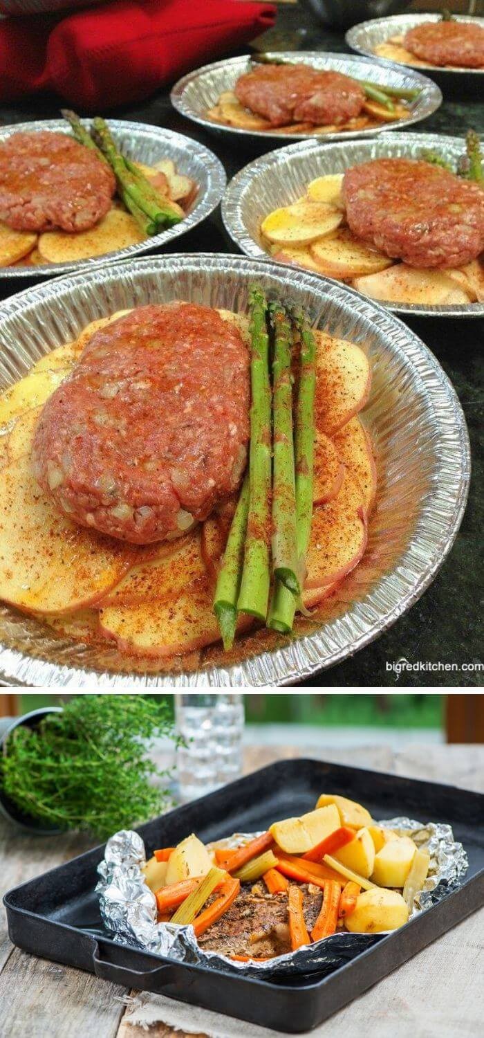 Tin foil meat, potato and veggie bowls