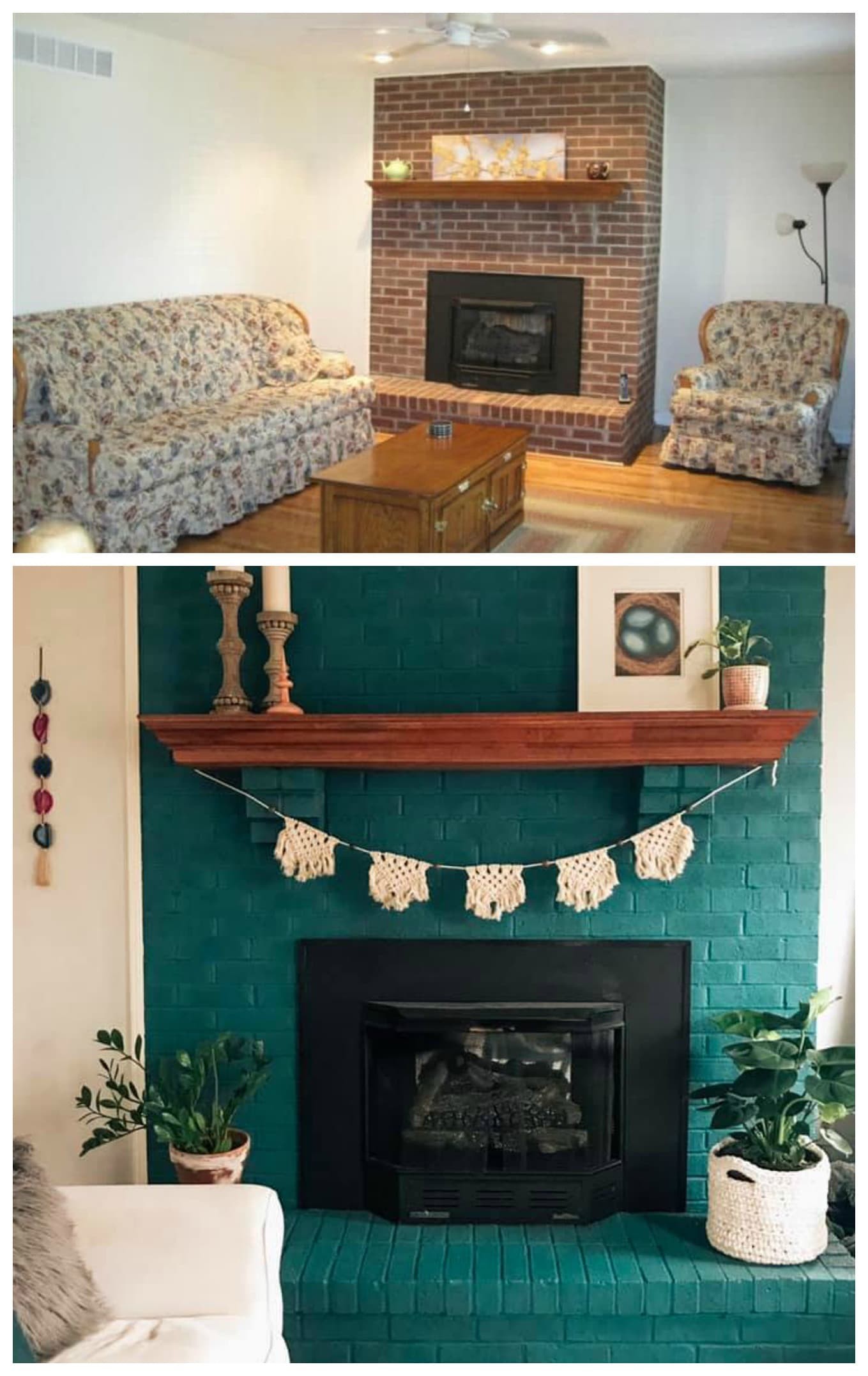 Bright painted brick fireplace