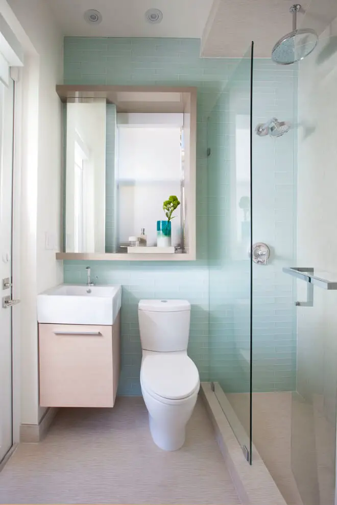 #5. Contemporary blue tile and glass tile alcove shower