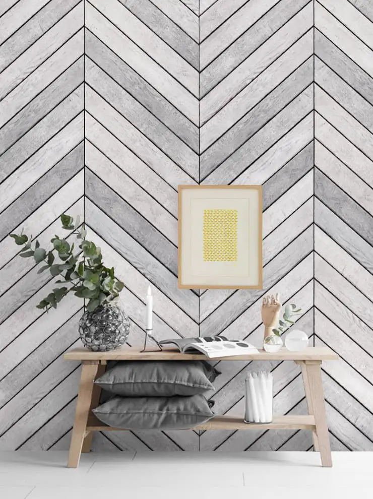 Geometric wood accent wall ideas.