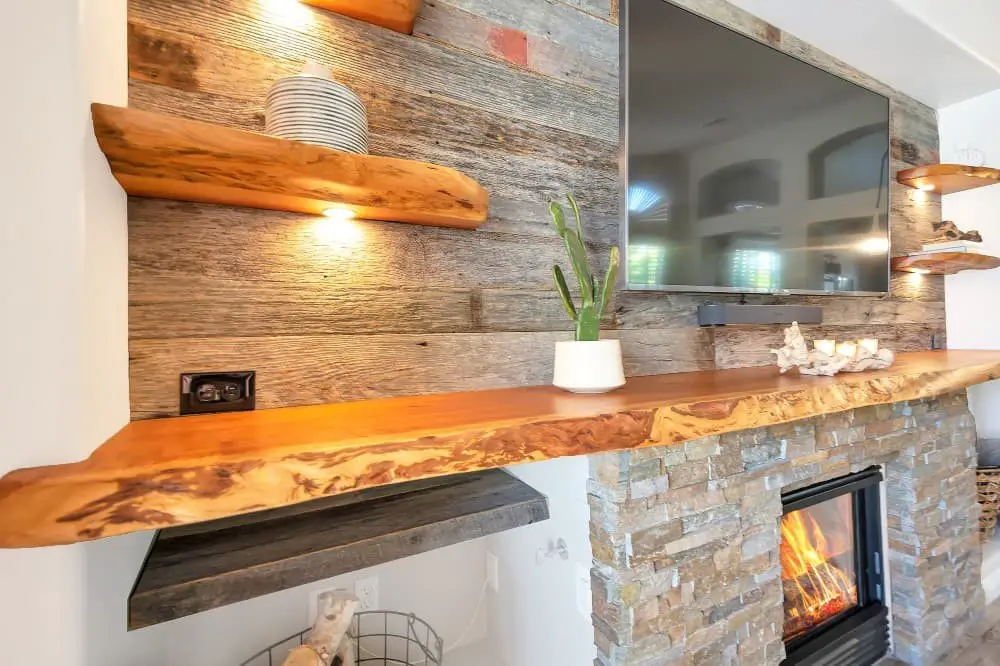 Fireplace wood shelf ideas.