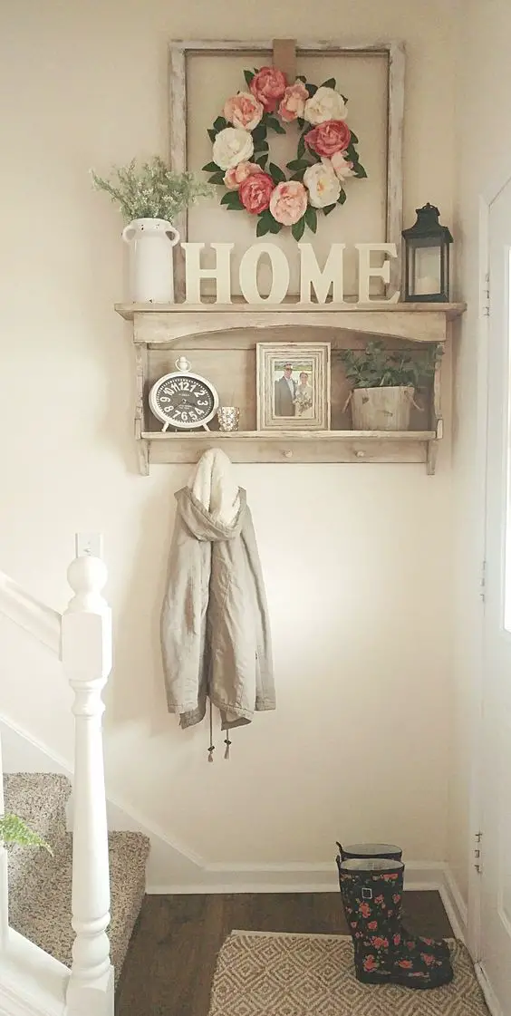 Small entryway spring flowers country white farmhouse style