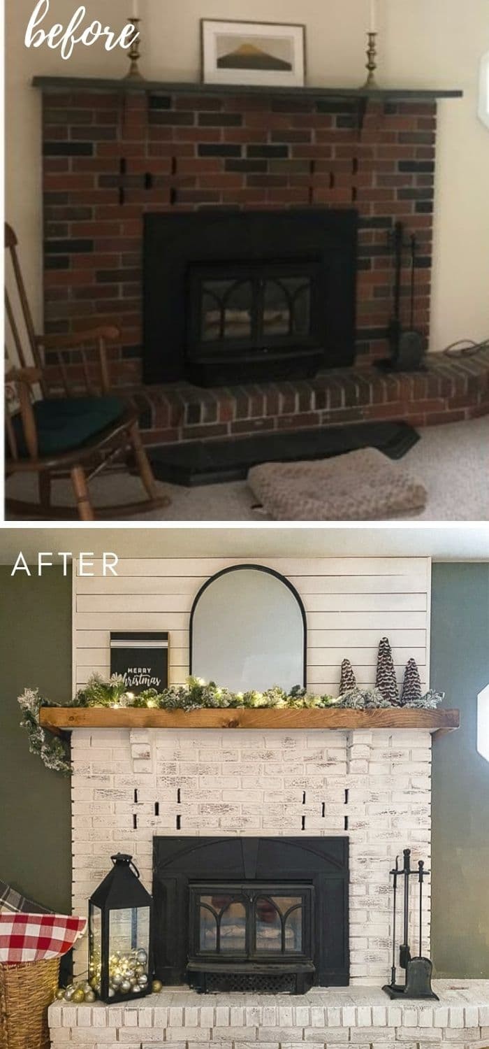 White painted brick fireplace