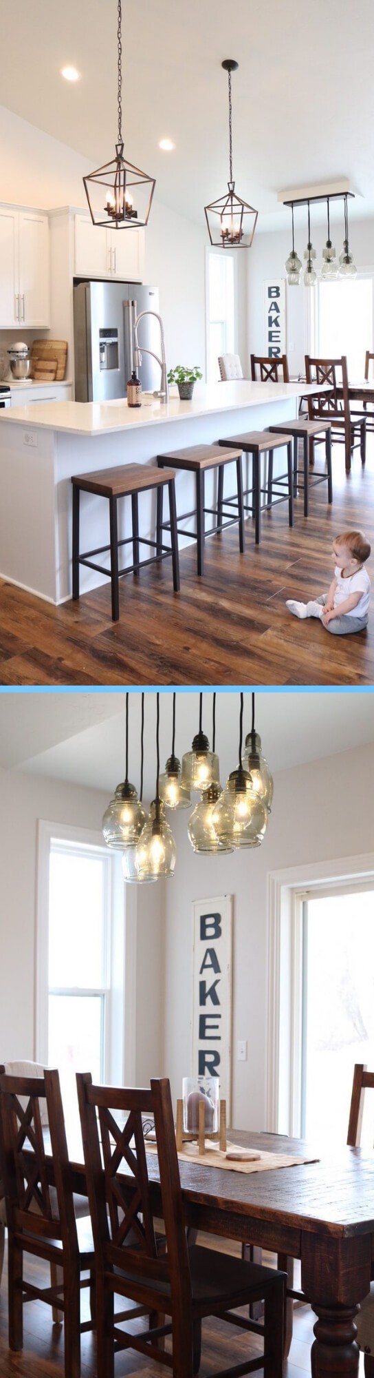 Modern Farmhouse Kitchen with pendants over Island and Jar chandelier