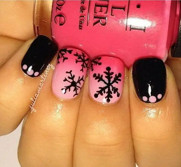 Pink and Black Snowflake Nail Design