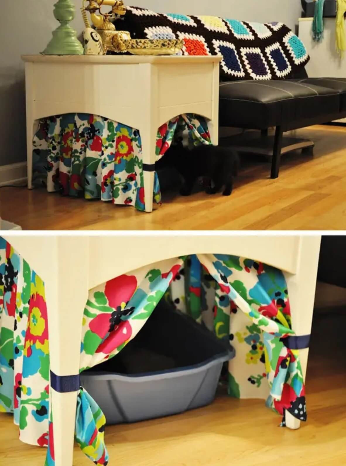 Behind the curtain litter box