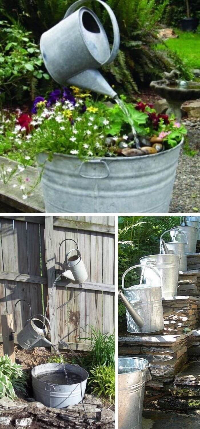 A Backyard with Watering Can Fountain