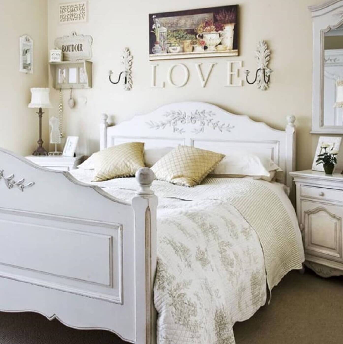 #2. White bed and wooden love letters