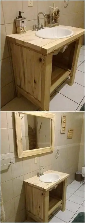 Pallet wood mirror frame and simple basin holder: