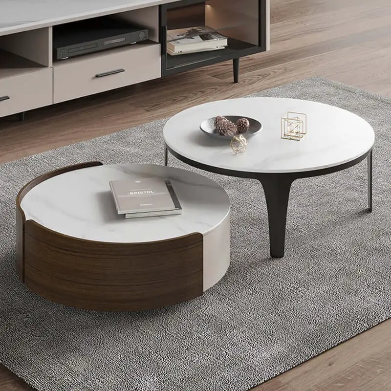 Mordern nesting coffee table with round wood cabinet.