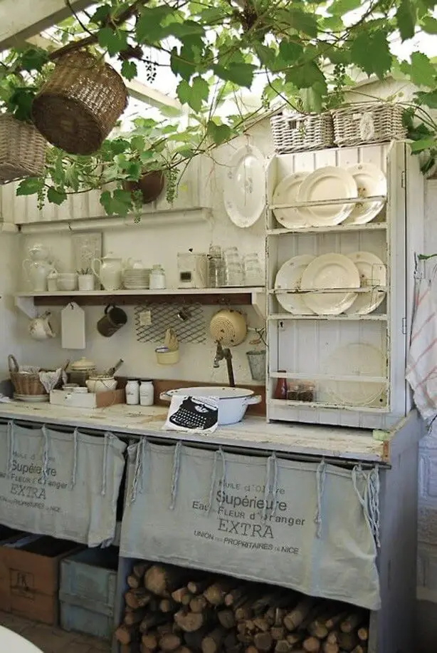 Rustic White Kitchen with Log Storage