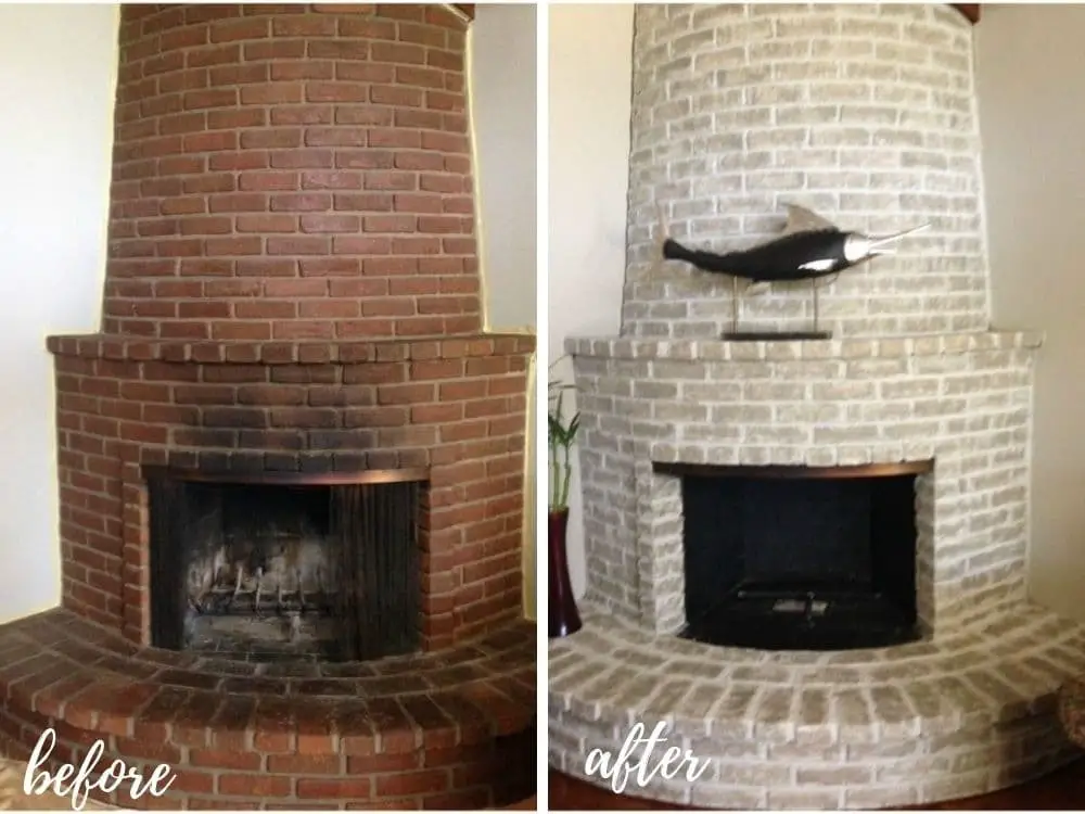 Whitewash painted brick fireplace