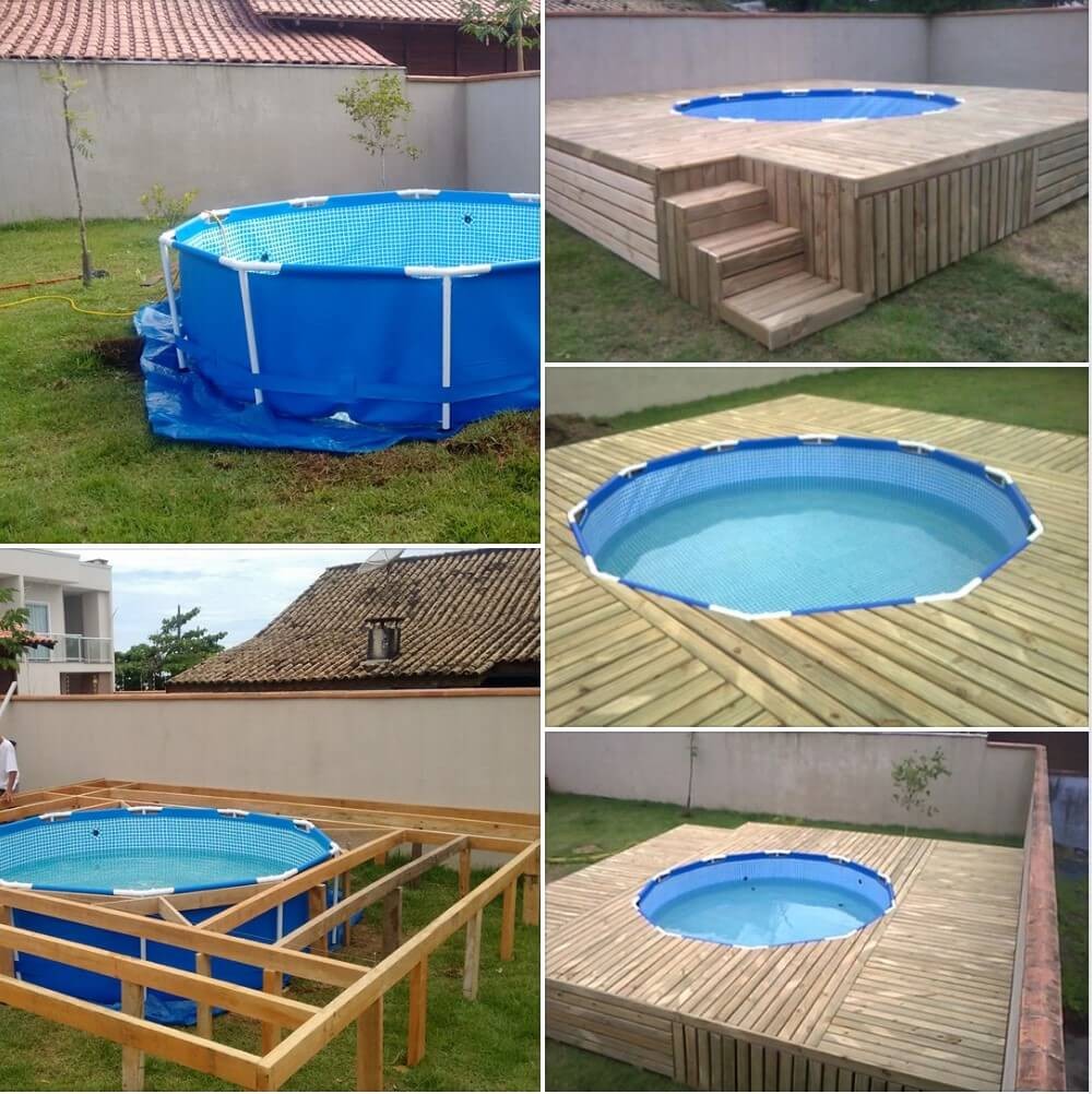 Plastic pool with wooden deck