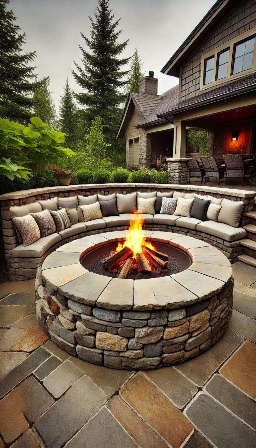 Stone Fire Pit with Seating Wall