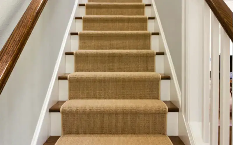 Carpeted stairs with plain wood trim