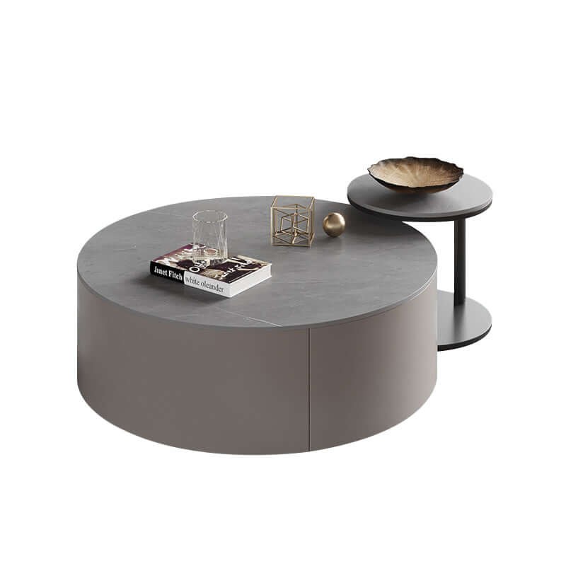 Modern Round Sintered Stone Nesting coffee Table Set, with 2 Storge Drawers