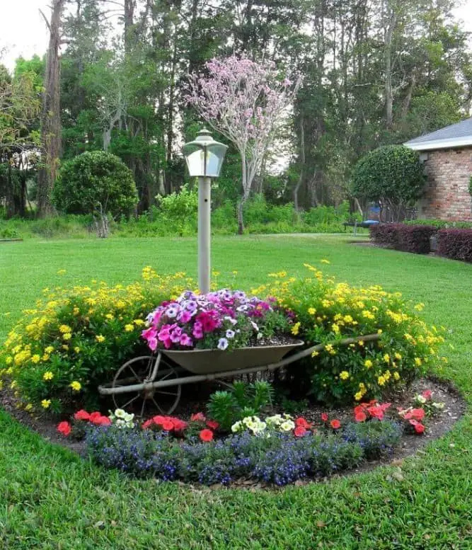 Flower bed with a wheelbarrow