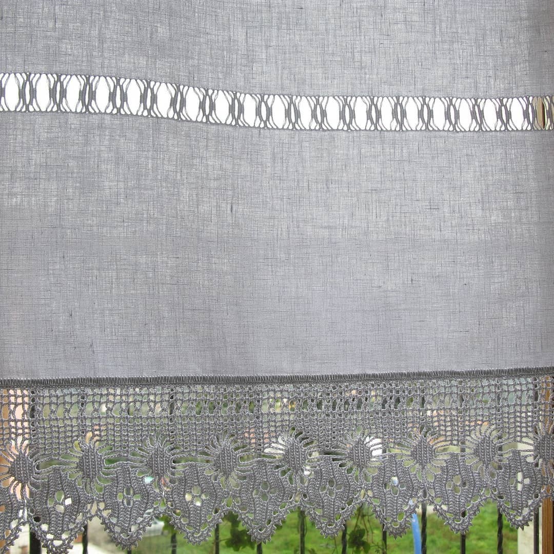 White linen curtain with crochet trim