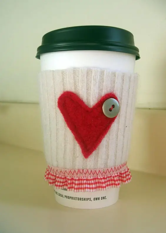 #1. Red Heart and Gingham Coffee Cozy Sleeve