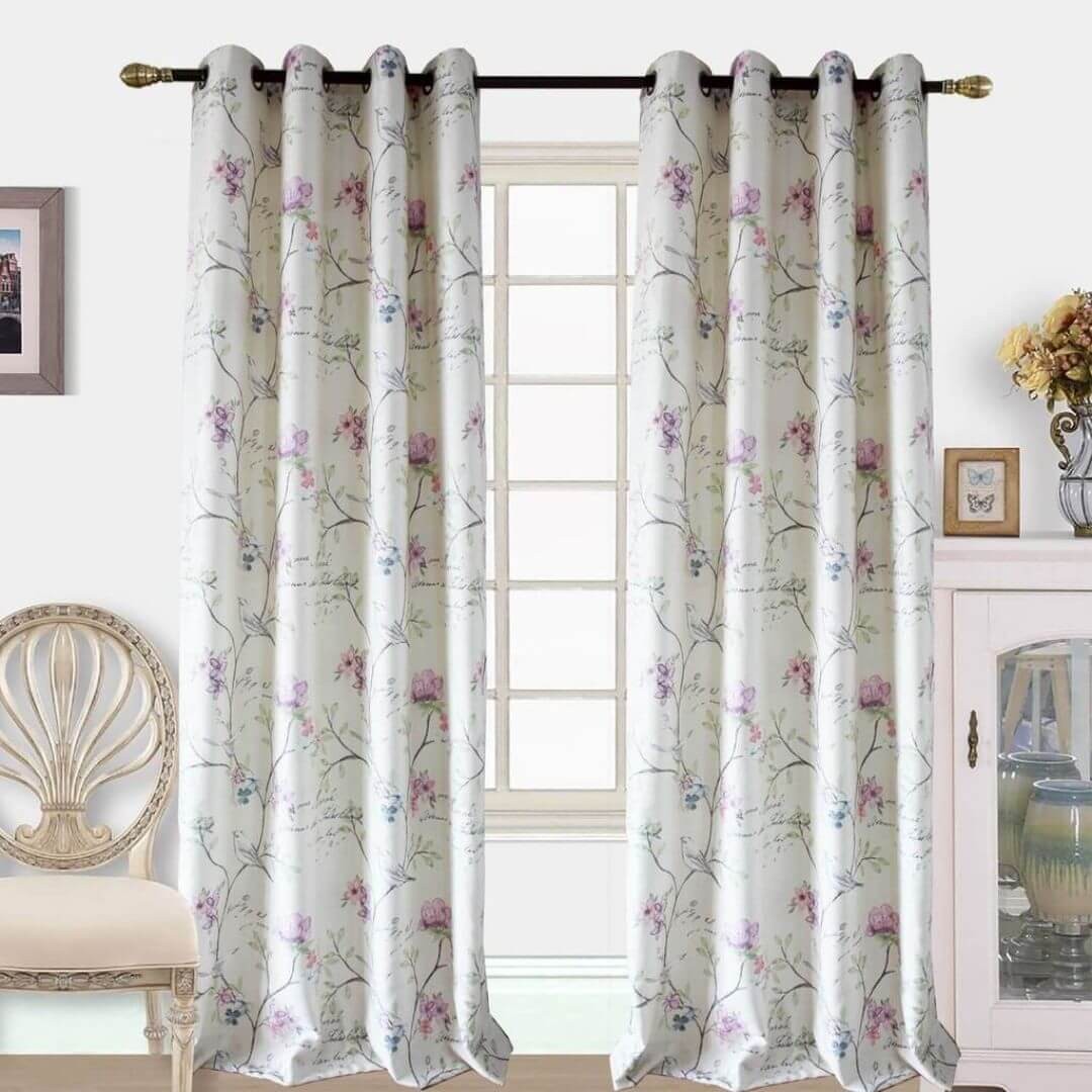 Pink flower ivory curtains