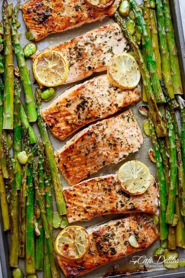 One Pan Lemon Garlic Baked Salmon + Asparagus