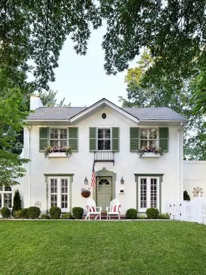 Front door colors for white house with green shutters.