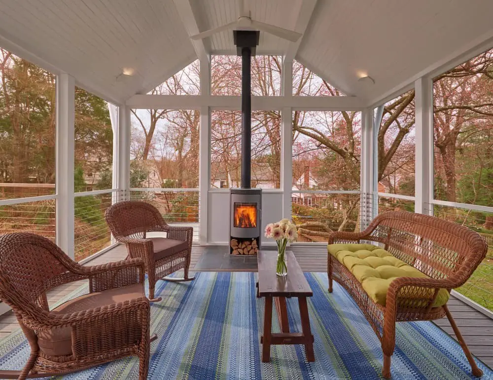 Screened in porch with wood fireplace ideas.