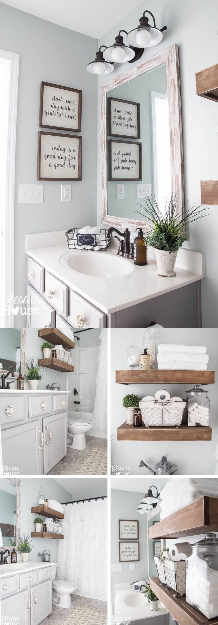 Modern farmhouse bathroom with joyfull wall art and storage ideas