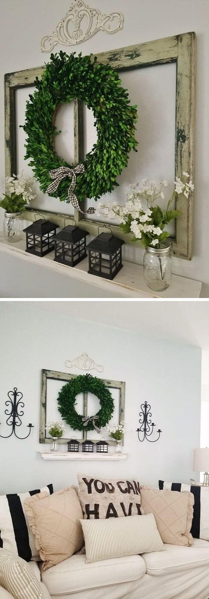 #8. Gallery wall with wreath for living room