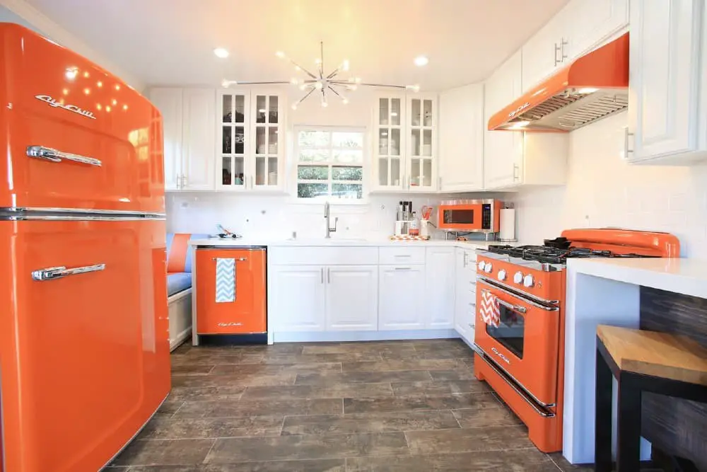 Orange appliances + White cabinets.