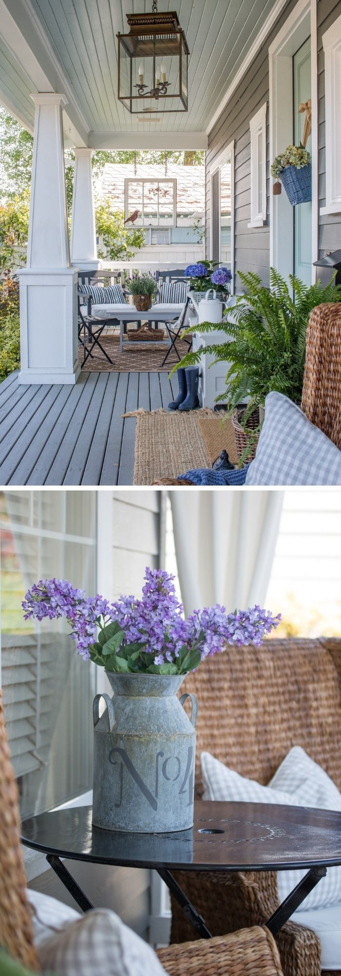 Pottery barn outdoor lantern and Lilacs in galvanized can