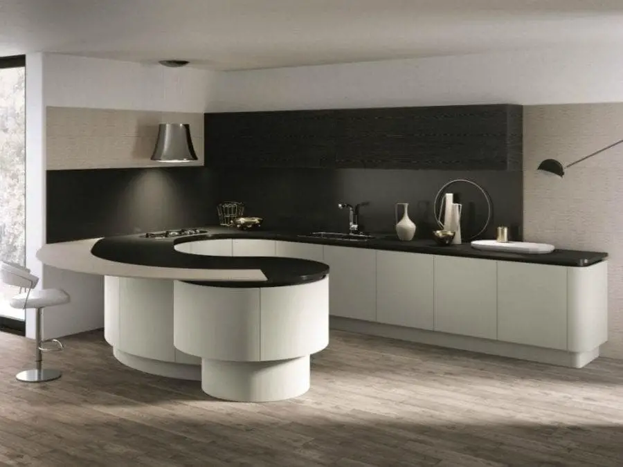 Black and White Rounded Kitchen Peninsula