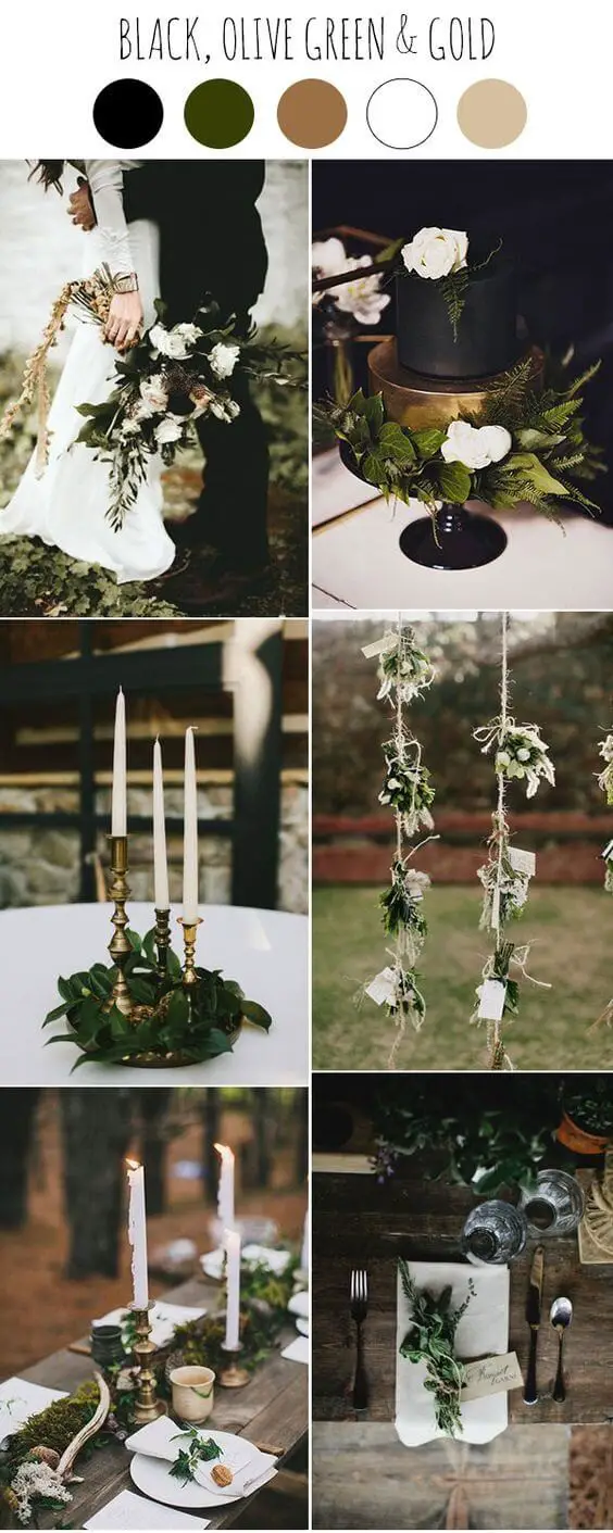 Black, gold and greenery dark moody wedding ideas