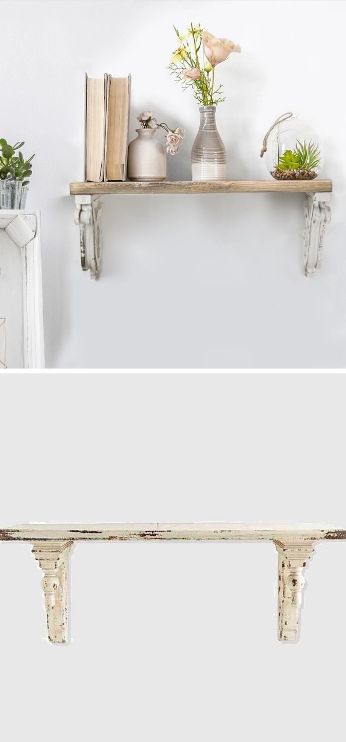 Distressed White Wood Shelf With Brackets