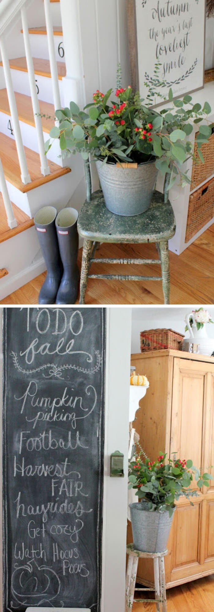 Galvanized bucket on an old chair with a chalk board