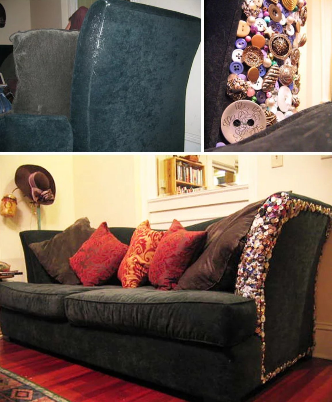 Place buttons on the worn parts of your sofa