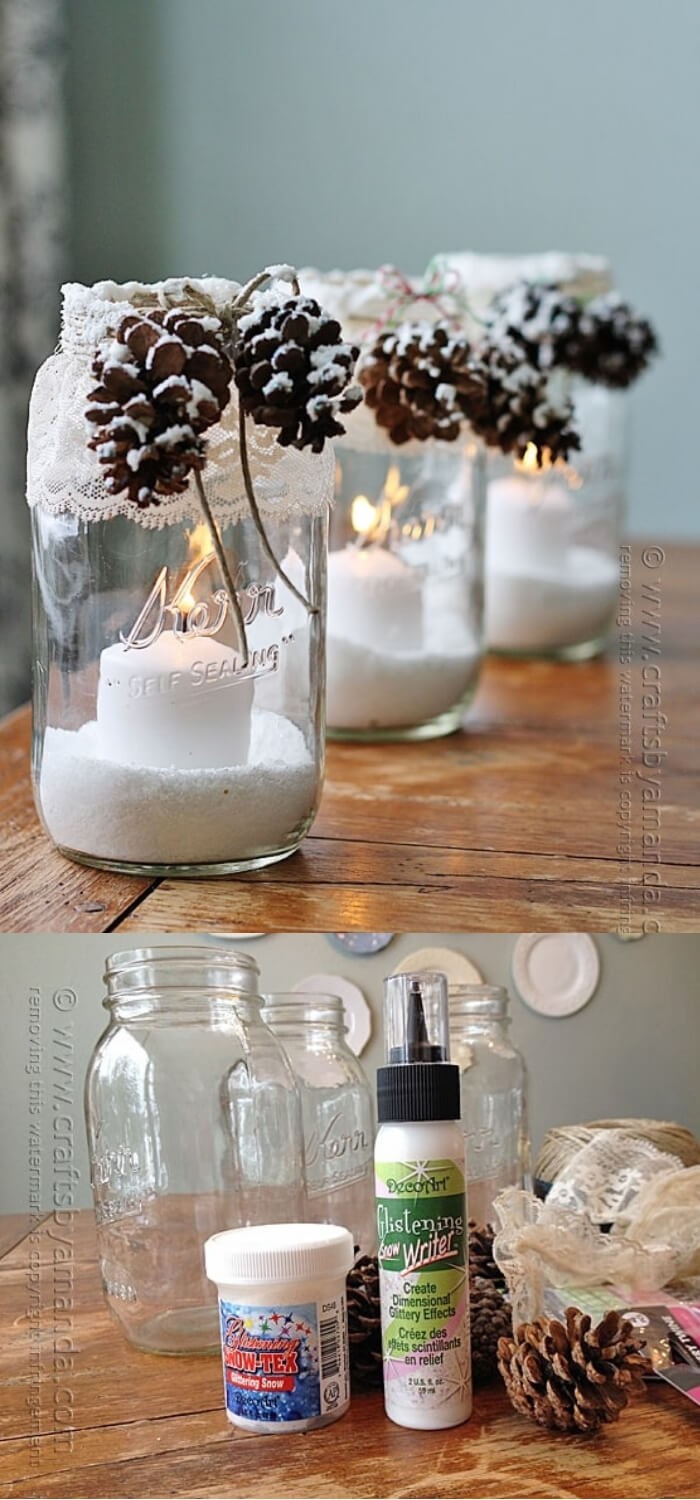 #10. Snowy Pinecone Candle Jars