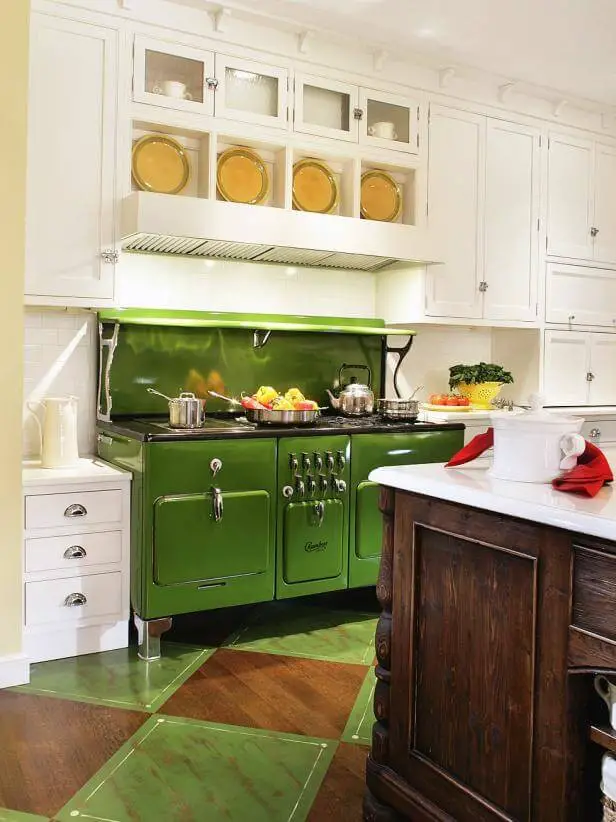 White with green stove