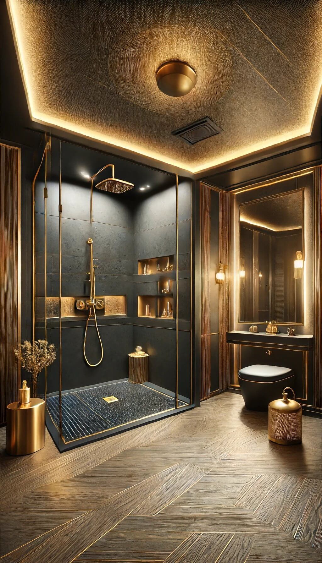 Black Shower with Gold Fixtures