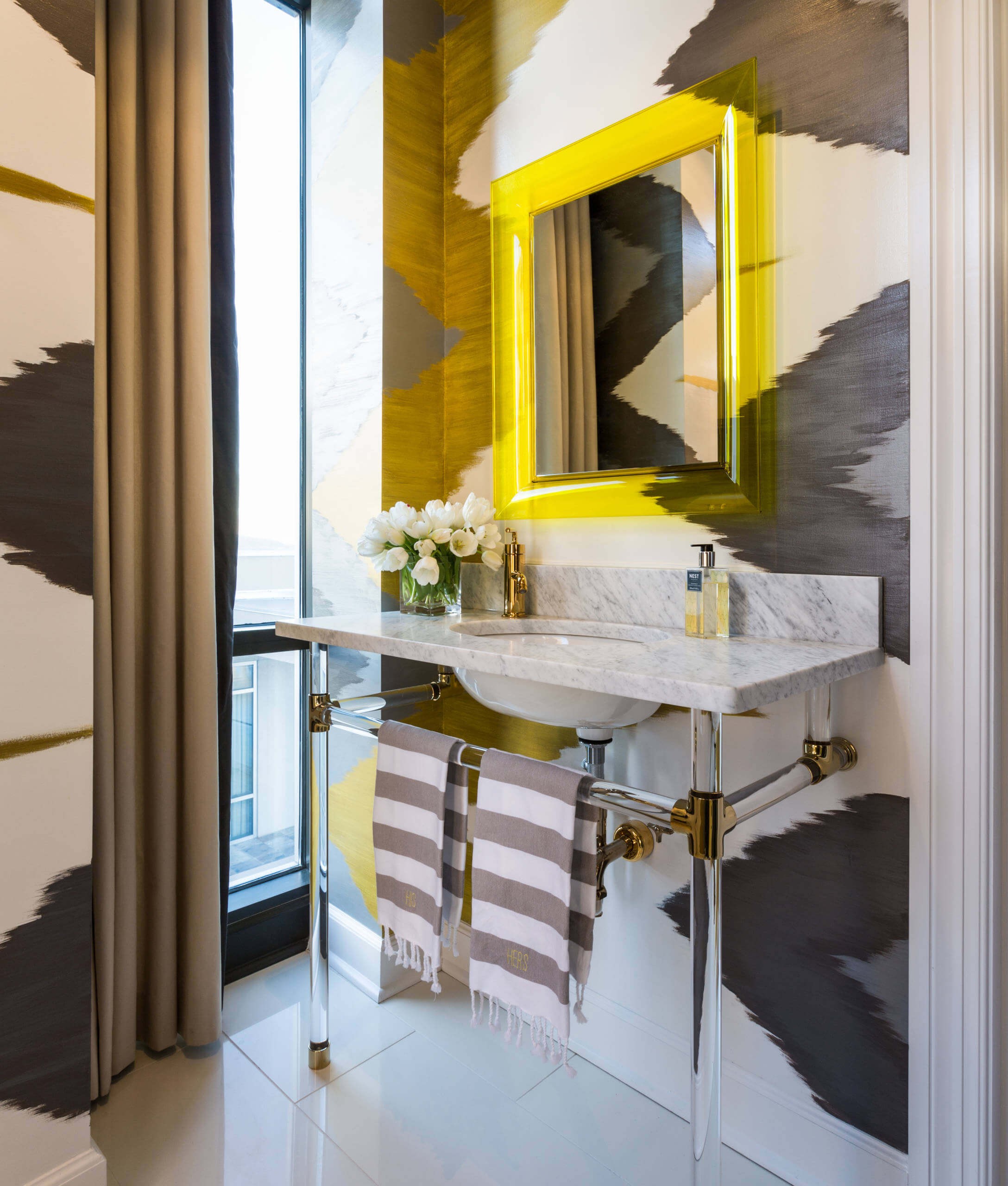 #9. Contemporary bathroom with a console sink and multicolored walls