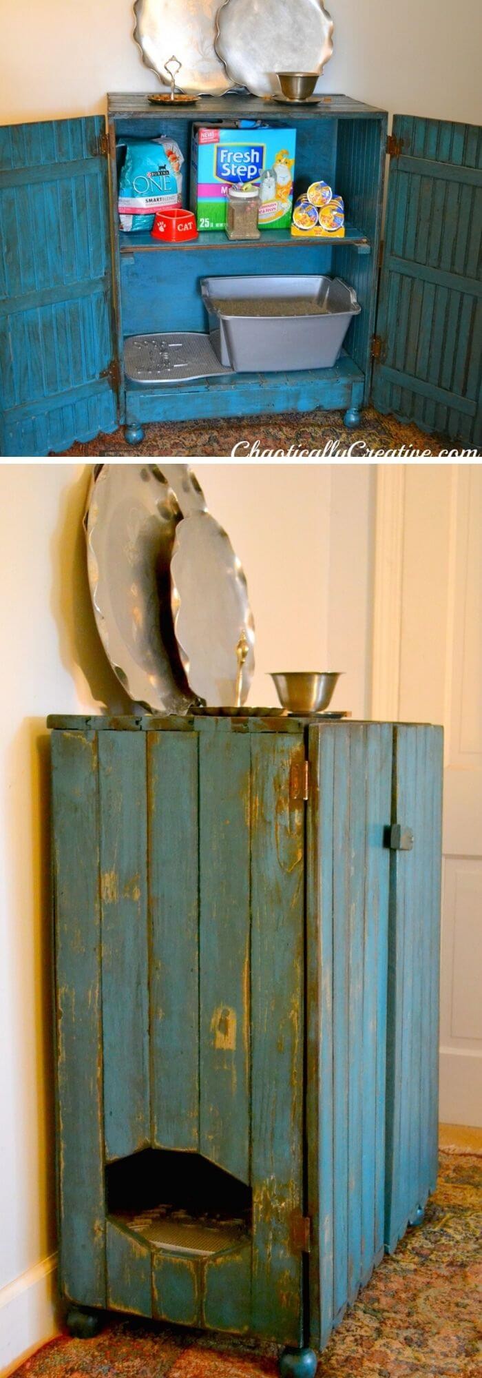 Reclaimed porch boards kitty litter cabinet