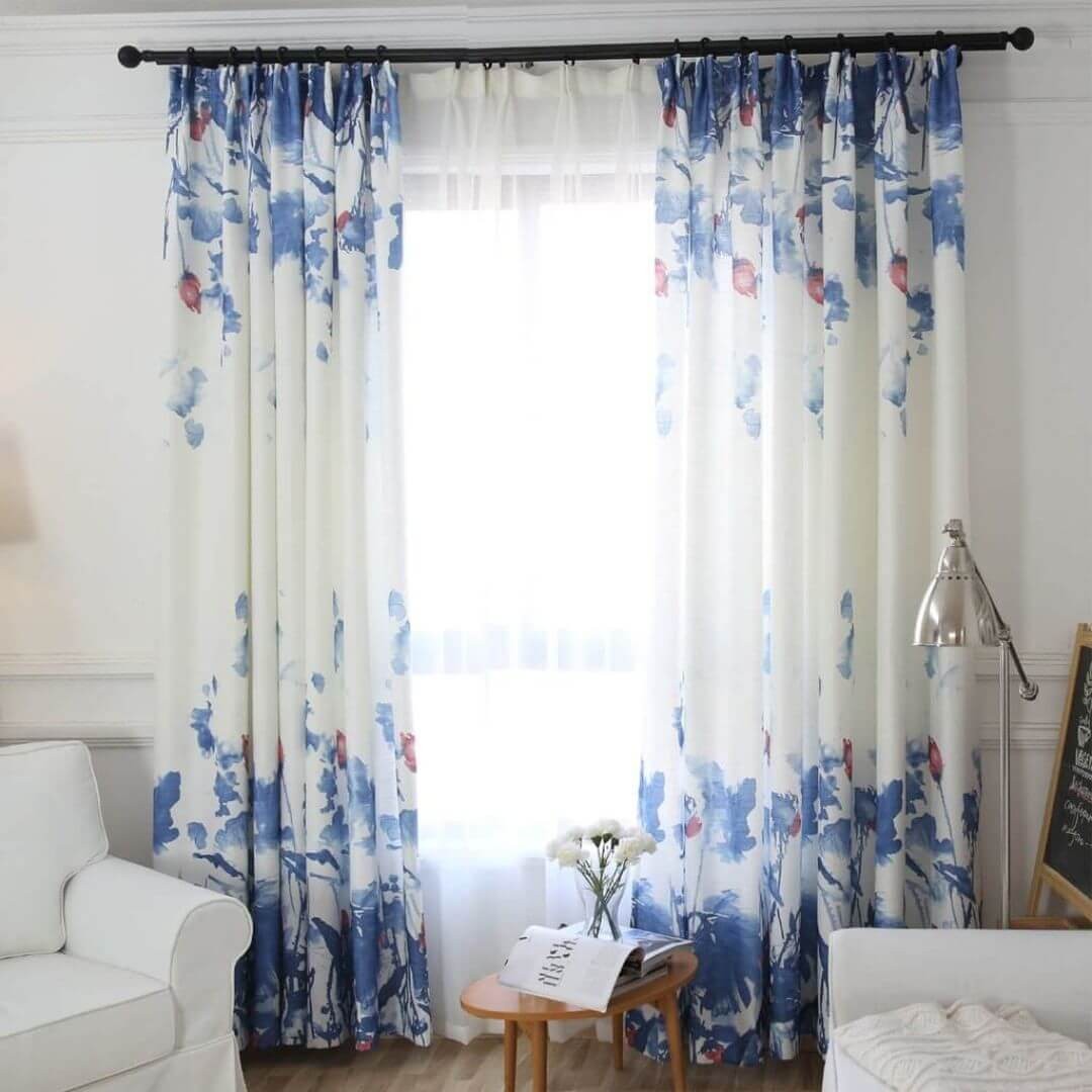 Blue lotus white curtains watercolor drapes