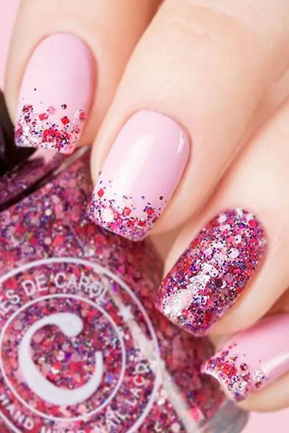 Pink Nails with Red Glitter Design