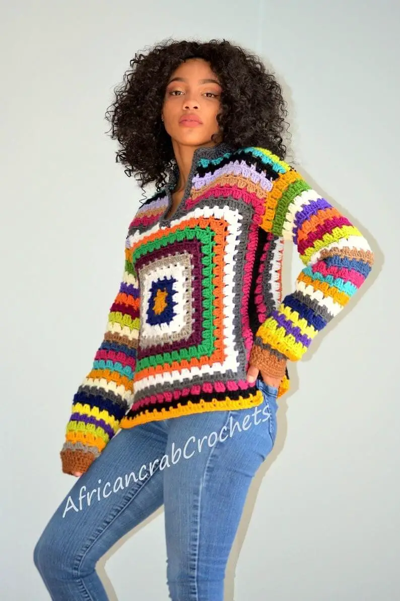 Unisex Multi-colored Granny Sweater/Crochet Pullover/Blouses/Small/Medium Crochet sweater