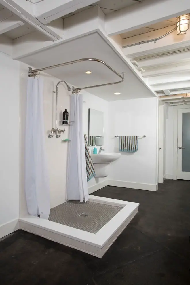 Gym-type basement bathroom