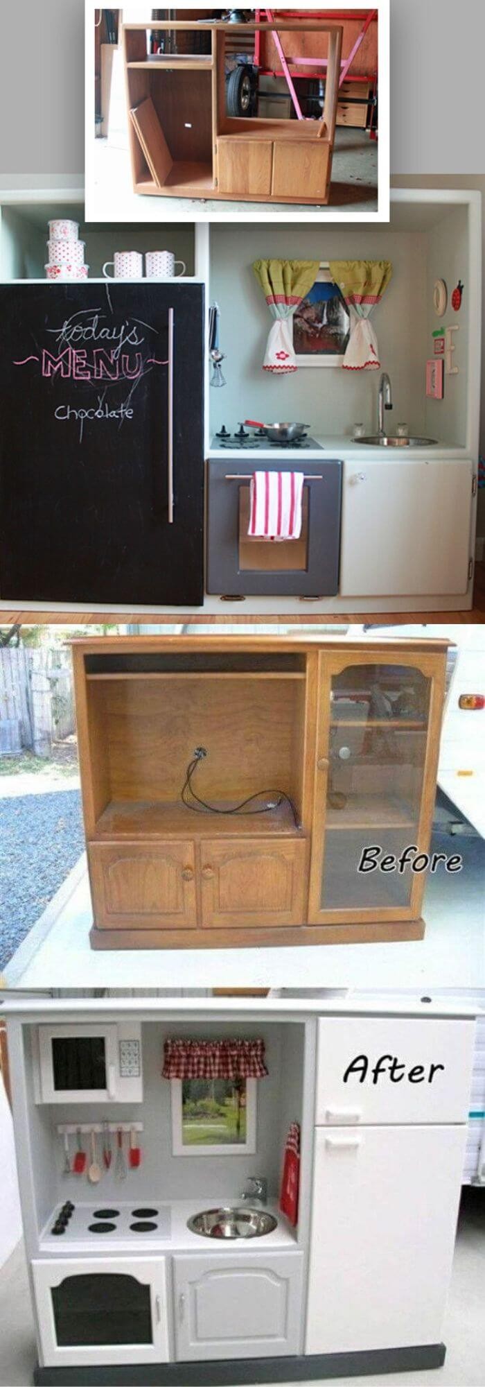 Transform an old entertainment center into a kid’s dream play kitchen