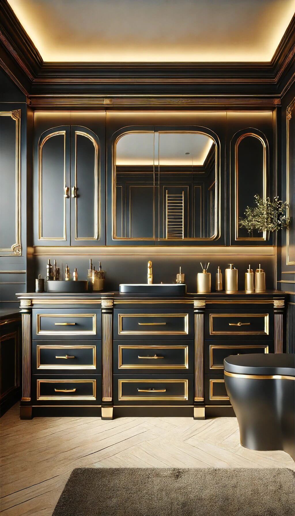 Black Cabinets with Gold Accents