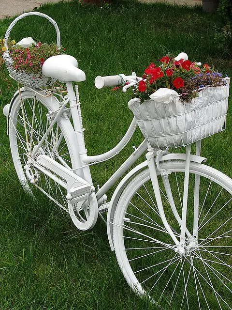 Reuse old white bicycle flower stand