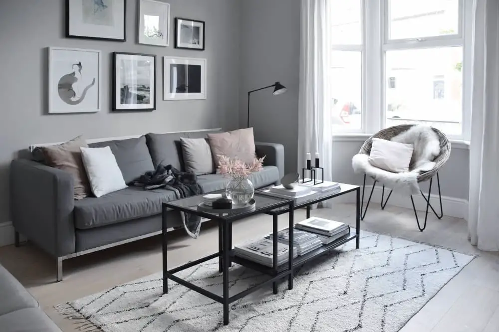 Apartment living room ideas with gray couch.