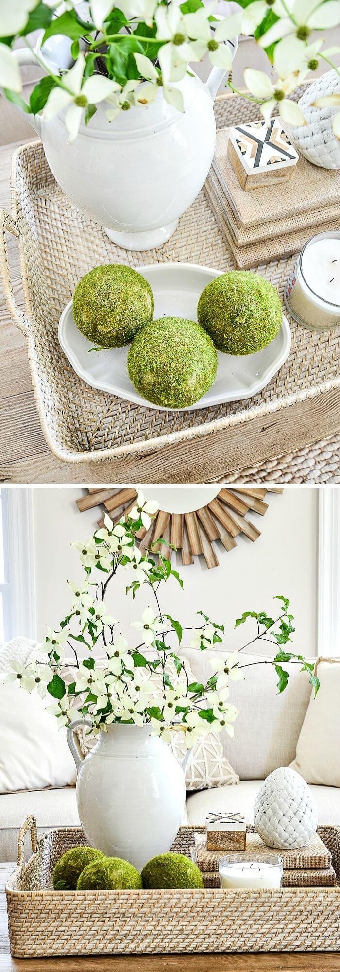 #18. Add natural things to table like moss balls, twig balls, and potted flowers